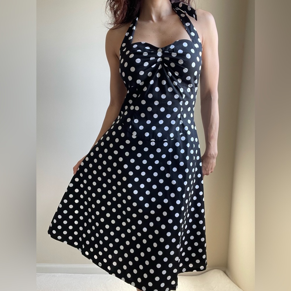 Cotton Retro style black and white summer halter midi dress - small